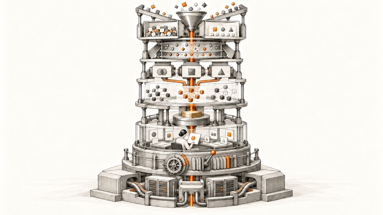 An abstract production-service tower stacks eight connected operating layers around a continuous orange spine, with record intake at the top and service operations at the base.