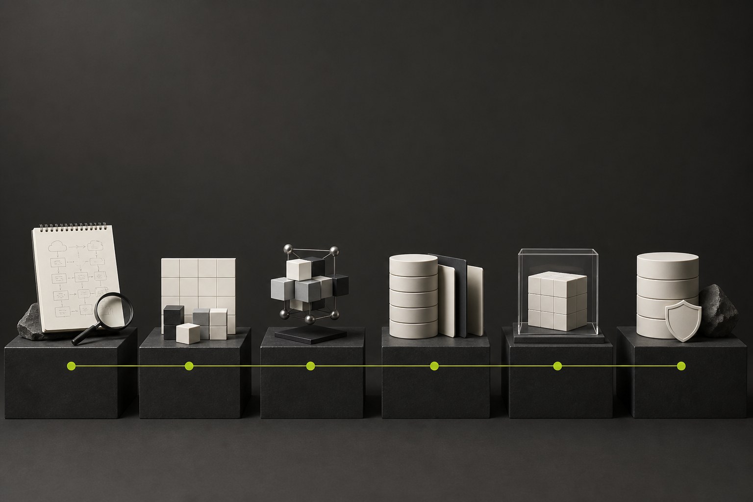 Six physical stages connected in a sequence from discovery to governed production