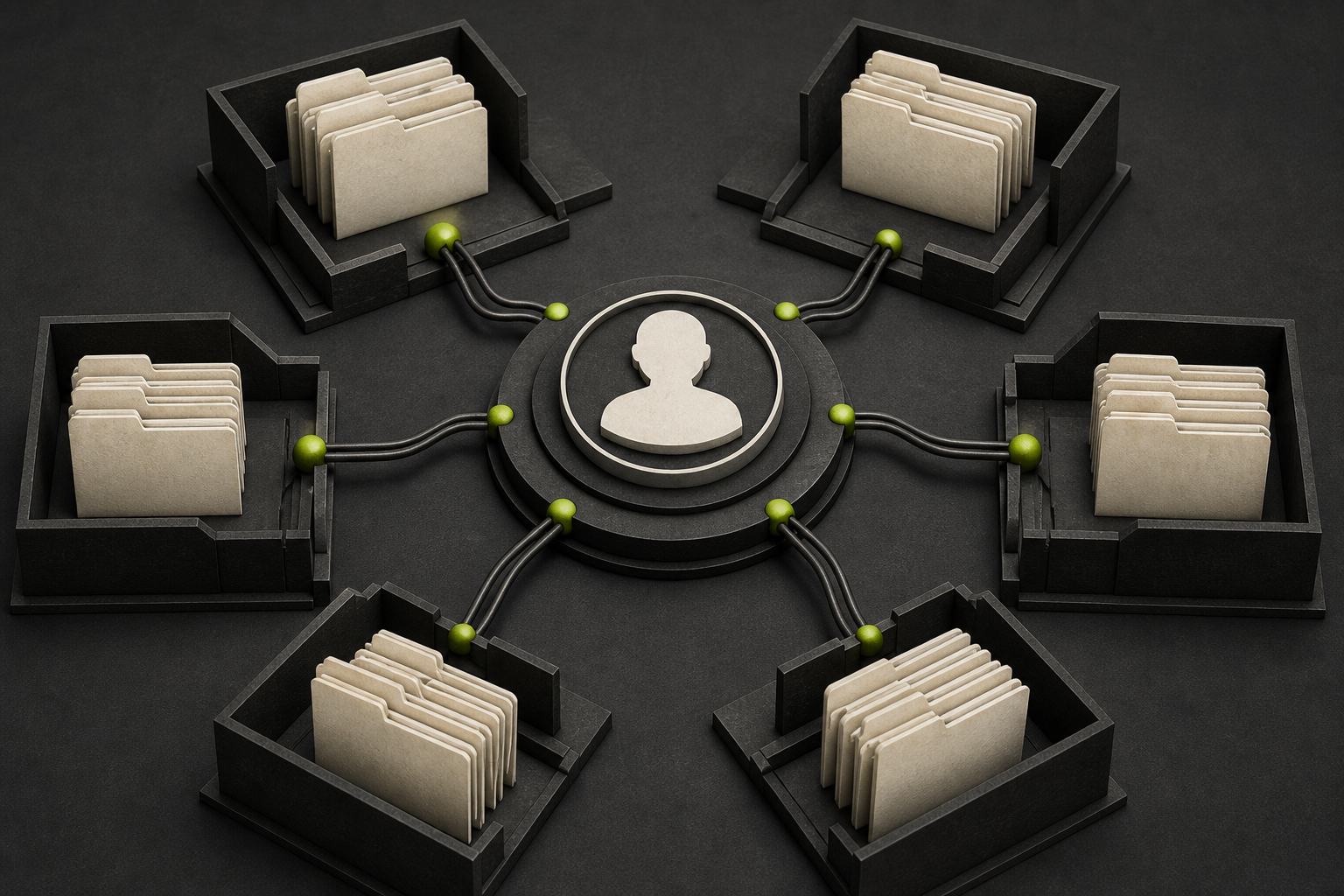 Six separate legal-entity folders connected to a central customer reference
