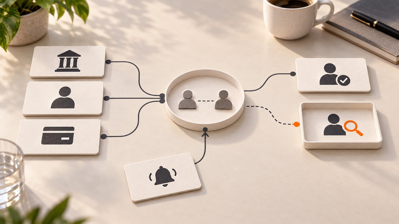 Three source systems feed a review of two separate people; one path verifies a link while another sends uncertainty for human review
