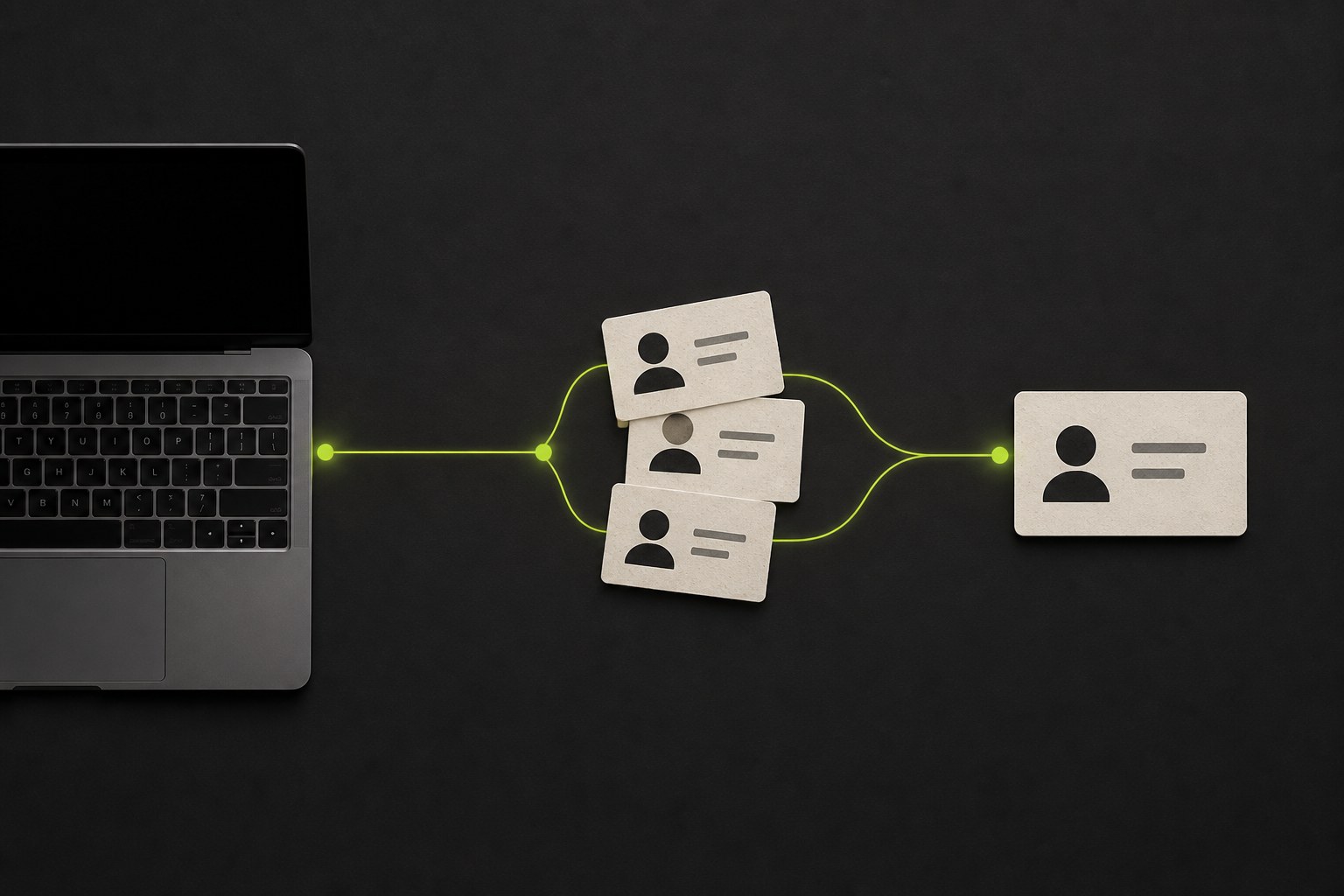 A local laptop sending duplicate identity cards through a resolution path into one record